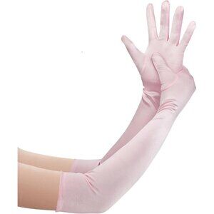 Women's Pink Long Satin Opera Fabric Gloves Party Tea Stretchy Elbow Length